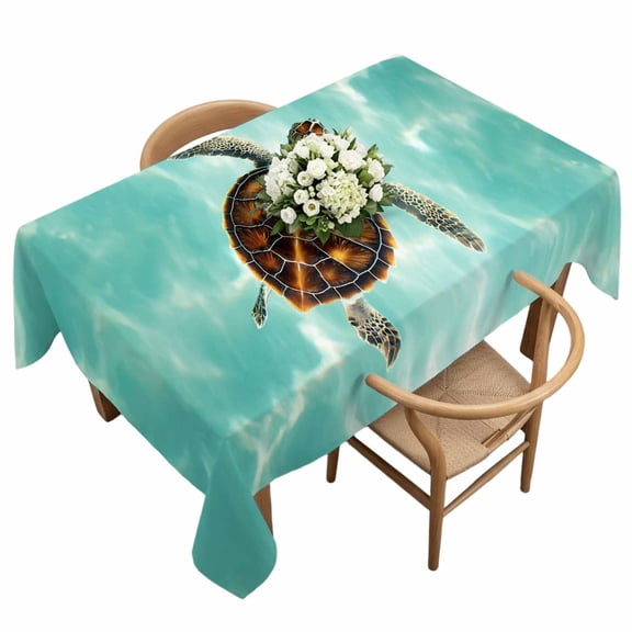 Rectangle Tablecloth, Sea Turtle Baby Swimming In Water Waterproof Table Cloth 60x120 in Blue Green Ocean Washable Spillproof Table Cover for Kitchen Dining Party Decor Outdoor Camping