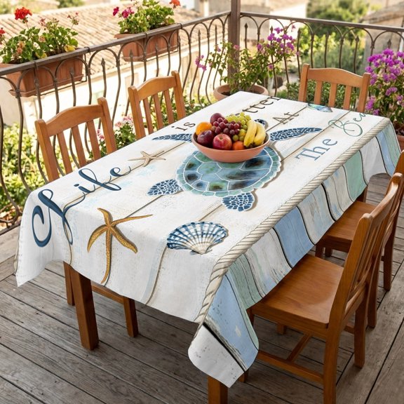 Rectangle Tablecloth,Sea Turtle on Gradient Coastal Wood Grain Waterproof Oil-Proof Table Cloth Kitchen Dining Tables Cover for Indoor Outdoor Wedding Holiday Party Decor,Life Better Beach