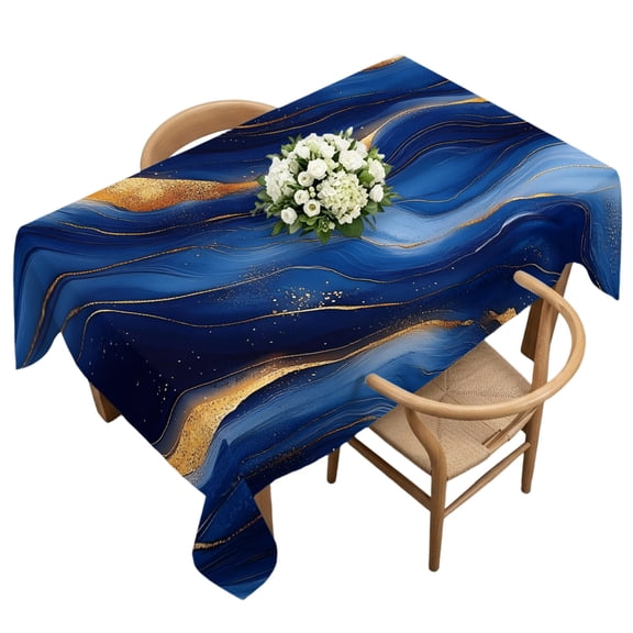 Rectangle Tablecloth, Seamless Abstract Wavy Line Waterproof Table Cloth 60x120 in Gold Royal Blue Texture Washable Spillproof Table Cover for Kitchen Dining Party Decor Outdoor Camping