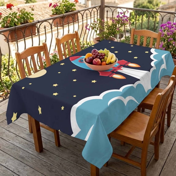 Rectangle Tablecloth,Space Rocket Moon Star Waterproof Oil-Proof Table Cloth Kitchen Dining Tables Cover for Indoor Outdoor Wedding Holiday Party Decor,Cartoon Style