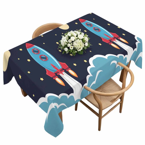 Rectangle Tablecloth, Space Rocket Moon Star Waterproof Table Cloth 60x120 in Cartoon Style Washable Spillproof Table Cover for Kitchen Dining Party Decor Outdoor Camping