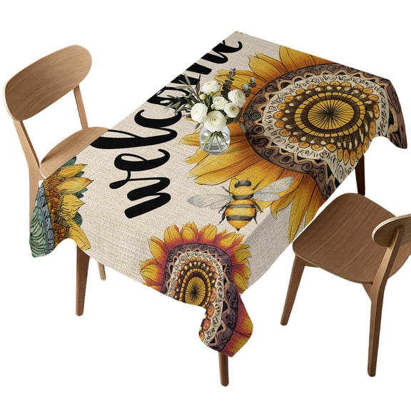 Rectangle Tablecloth, Spring Bohemia Sunflowers on Linen Waterproof Table Cloth 60x84 in Abstract Flowers Leaves Washable Spillproof Table Cover for Kitchen Dining Party Decor Outdoor Camping