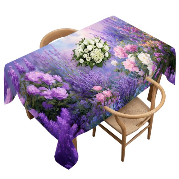 Rectangle Tablecloth, Spring Lavender Flowers Waterproof Table Cloth 60x120 in Oil Painting Style Art Washable Spillproof Table Cover for Kitchen Dining Party Decor Outdoor Camping