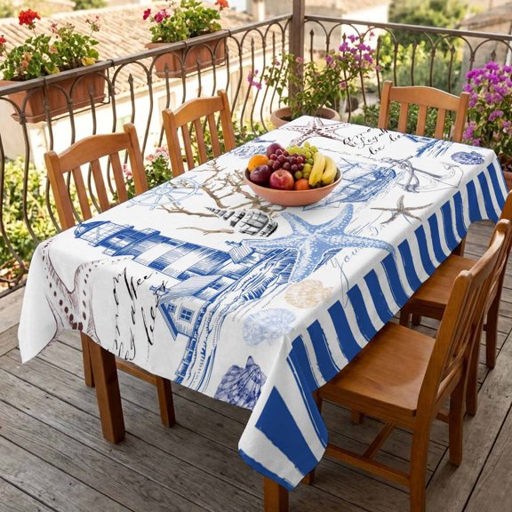 Rectangle Tablecloth,Starfish Nautical Anchor Shell Boat Waterproof Oil-Proof Table Cloth Kitchen Dining Tables Cover for Indoor Outdoor Wedding Holiday Party Decor,Lighthouse Vintage Blue Stripe