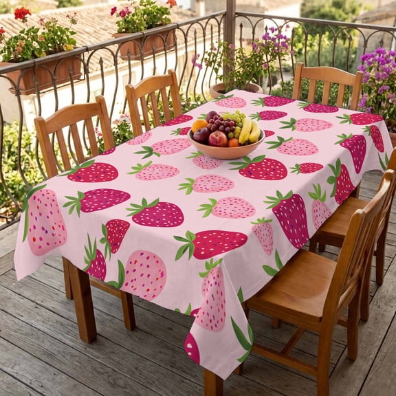 Rectangle Tablecloth,Strawberries on Pink Background Waterproof Oil-Proof Table Cloth Kitchen Dining Tables Cover for Indoor Outdoor Wedding Holiday Party Decor,Cute Red Fruit
