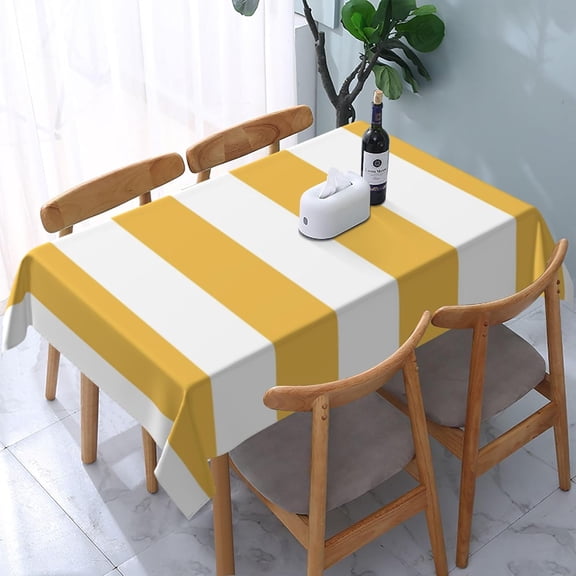Rectangle Tablecloth Striped White and Yellow Oblong Table Cover Washable Table Cloths for Kitchen Dinning Party Tabletop Modern Decoration 60 x 84inch