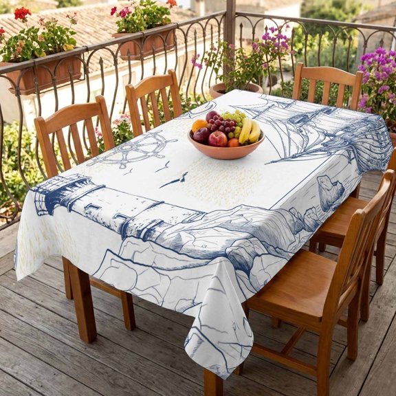 Rectangle Tablecloth,Summer Coastal Retro Lighthouse Waterproof Oil-Proof Table Cloth Kitchen Dining Tables Cover for Indoor Outdoor Wedding Holiday Party Decor,Sailboat Compass Anchor