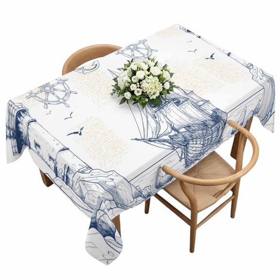 Rectangle Tablecloth, Summer Coastal Retro Lighthouse Waterproof Table Cloth 60x120 in Sailboat Compass Anchor Washable Spillproof Table Cover for Kitchen Dining Party Decor Outdoor Camping