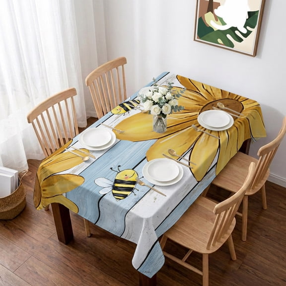 Rectangle Tablecloth,Summer Daisy Flower Bee Waterproof Oil-Proof Table Cloth Kitchen Dining Tables Cover for Indoor Outdoor Wedding Holiday Party Decor,Farmhouse Floral Vintage Wood Plant