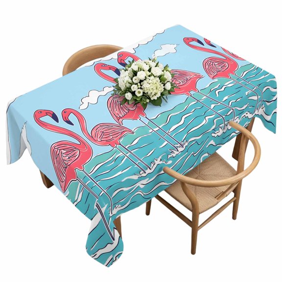 Rectangle Tablecloth, Summer Flamingo Cartoon Style Waterproof Table Cloth 60x120 in Blue Ocean Water Ripple Washable Spillproof Table Cover for Kitchen Dining Party Decor Outdoor Camping