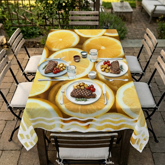 Rectangle Tablecloth,Summer Fruit Lemon Slices Waterproof Oil-Proof Table Cloth Kitchen Dining Tables Cover for Indoor Outdoor Wedding Holiday Party Decor,White Wave Stripes