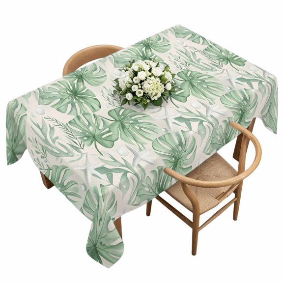 Rectangle Tablecloth, Summer Green Leaves Starfish Water Drop Waterproof Table Cloth 60x120 in Underwater World Washable Spillproof Table Cover for Kitchen Dining Party Decor Outdoor Camping