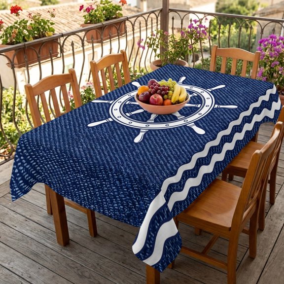 Rectangle Tablecloth,Summer Marine Nautical Rudder Denim Waterproof Oil-Proof Table Cloth Kitchen Dining Tables Cover for Indoor Outdoor Wedding Holiday Party Decor,Ocean Theme Helm Navy Blue