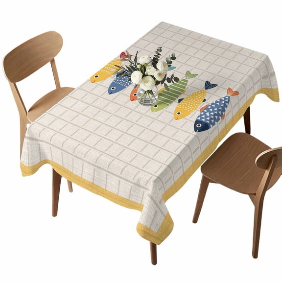 Rectangle Tablecloth, Summer Ocean Fish Colorful Waterproof Table Cloth 52x70 in Vintage Beige Plaid Washable Spillproof Table Cover for Kitchen Dining Party Decor Outdoor Camping
