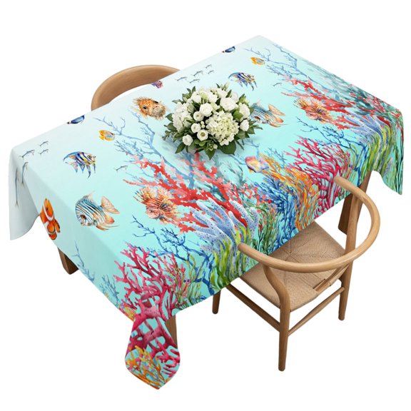 Rectangle Tablecloth, Summer Ocean Fish Coral Waterproof Table Cloth 60x120 in Blue Sea Underwater World Washable Spillproof Table Cover for Kitchen Dining Party Decor Outdoor Camping