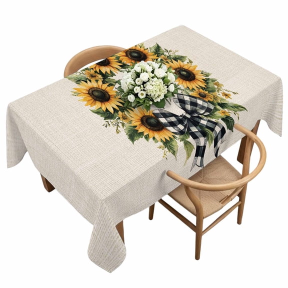 Rectangle Tablecloth, Summer Pastoral Sunflower Wreath on Linen Waterproof Table Cloth 60x120 in Circle Flower Washable Spillproof Table Cover for Kitchen Dining Party Decor Outdoor Camping