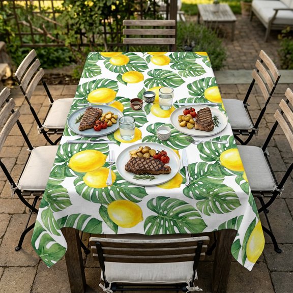 Rectangle Tablecloth,Summer Yellow Lemon Monstera Waterproof Oil-Proof Table Cloth Kitchen Dining Tables Cover for Indoor Outdoor Wedding Holiday Party Decor,Seamless Tropical Leaves Fruit