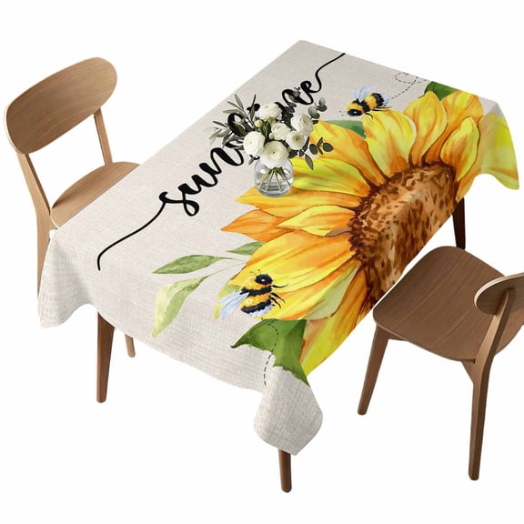 Rectangle Tablecloth, Sunflower Bee Leaves on Linen Waterproof Table Cloth 52x70 in Summer Sunshine Quote Washable Spillproof Table Cover for Kitchen Dining Party Decor Outdoor Camping