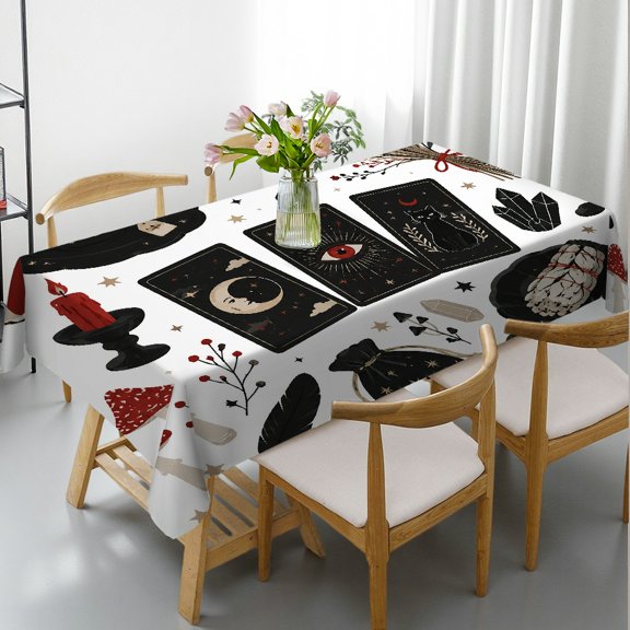 Rectangle Tablecloth - Tarot Cards Tea Cup Clipart Print, Festive Table Setting Machine-Made Rectangle Tablecloth, Ideal for Kitchen Picnic Party