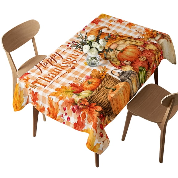 Rectangle Tablecloth, Thanksgiving Gnome Pumpkins Waterproof Table Cloth 52x70 in Orange Plaid Background Washable Spillproof Table Cover for Kitchen Dining Party Decor Outdoor Camping