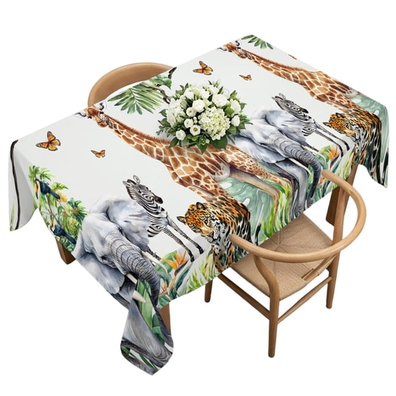 Rectangle Tablecloth, Tiger Elephant Giraffe Animal Waterproof Table Cloth 60x120 in Tropical Jungle Green Leaves Washable Spillproof Table Cover for Kitchen Dining Party Decor Outdoor Camping