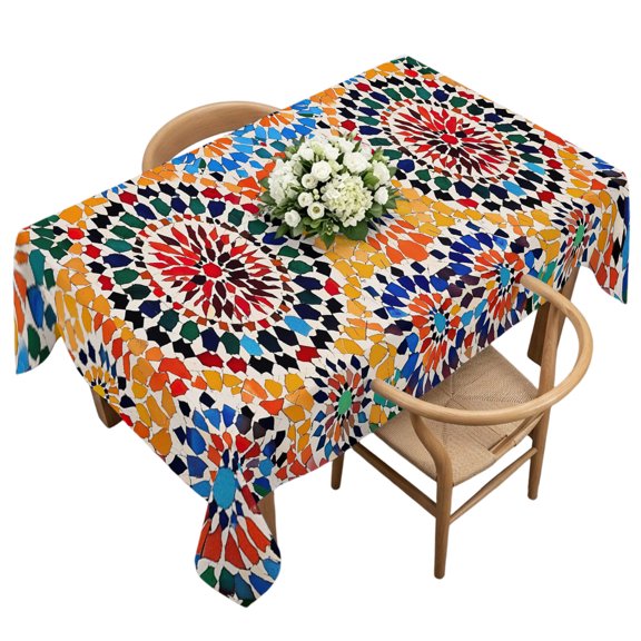 Rectangle Tablecloth, Traditional Colourful Moroccan Wall Tile Mosaic Back Waterproof Table Cloth 60x120 in Bohemian Style Washable Spillproof Table Cover for Kitchen Party Decor Outdoor Camping