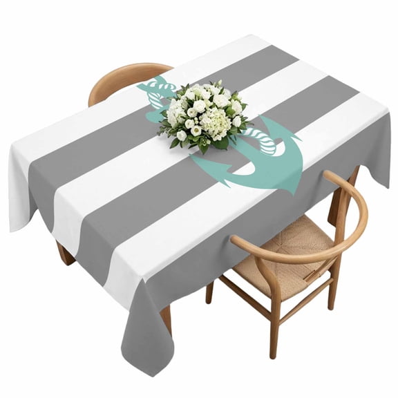 Rectangle Tablecloth, Turquoise Nautical Anchor Waterproof Table Cloth 60x120 in Grey White Stripes Washable Spillproof Table Cover for Kitchen Dining Party Decor Outdoor Camping