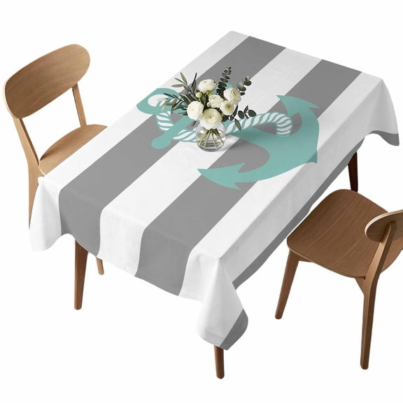 Rectangle Tablecloth, Turquoise Nautical Anchor Waterproof Table Cloth 60x84 in Grey White Stripes Washable Spillproof Table Cover for Kitchen Dining Party Decor Outdoor Camping