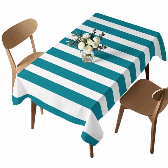 Rectangle Tablecloth, Turquoise White Stripe Waterproof Table Cloth 60x84 in Minimal Art Washable Spillproof Table Cover for Kitchen Dining Party Decor Outdoor Camping