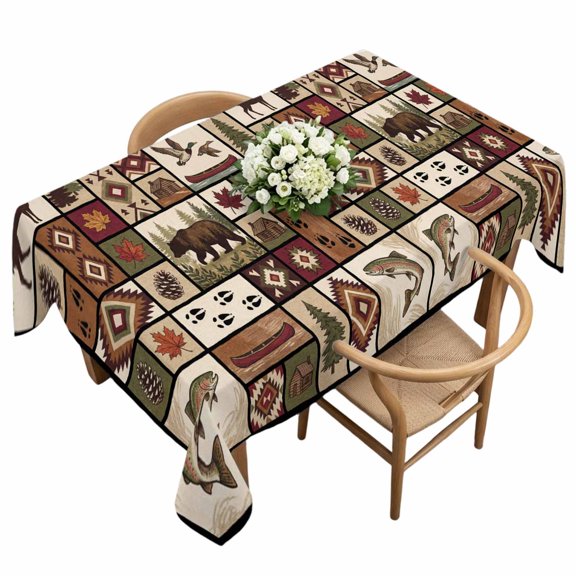 Rectangle Tablecloth, Village Bear Deer Maple Leaf Fish Waterproof Table Cloth 60x120 in Retro Checkered Plaid Washable Spillproof Table Cover for Kitchen Dining Party Decor Outdoor Camping