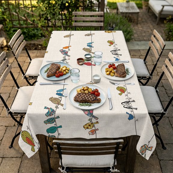Rectangle Tablecloth,Vintage Birds Sparrows on Lines Waterproof Oil-Proof Table Cloth Kitchen Dining Tables Cover for Indoor Outdoor Wedding Holiday Party Decor,Retro Farm Birds