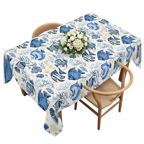 Rectangle Tablecloth, Vintage Tropical Blue Sea Fish Coral Waterproof Table Cloth 60x120 in Watercolor Ocean Marine Life Washable Spillproof Table Cover for Kitchen Dining Party Decor Outdoor Camping