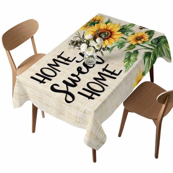 Rectangle Tablecloth, Vintage Watercolor Sunflower Bee on Linen Waterproof Table Cloth 60x102 in Summer Floral Leaf Washable Spillproof Table Cover for Kitchen Dining Party Decor Outdoor Camping