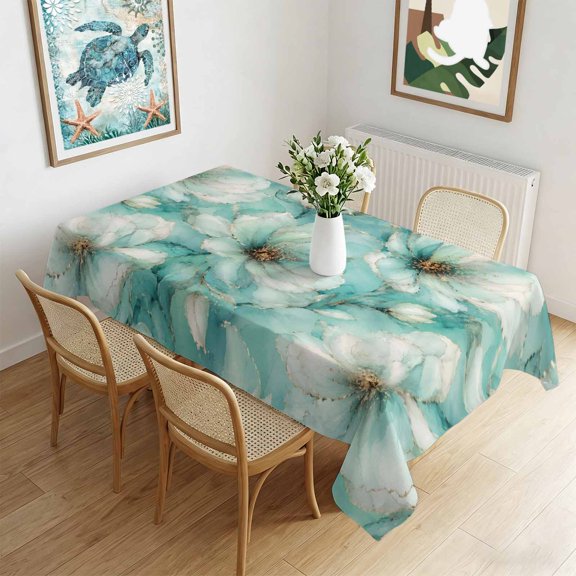 Rectangle Tablecloth,Watercolor Mint Green White Floral Waterproof Oil-Proof Table Cloth Kitchen Dining Tables Cover for Indoor Outdoor Wedding Holiday Party Decor,Blossom Flower Art