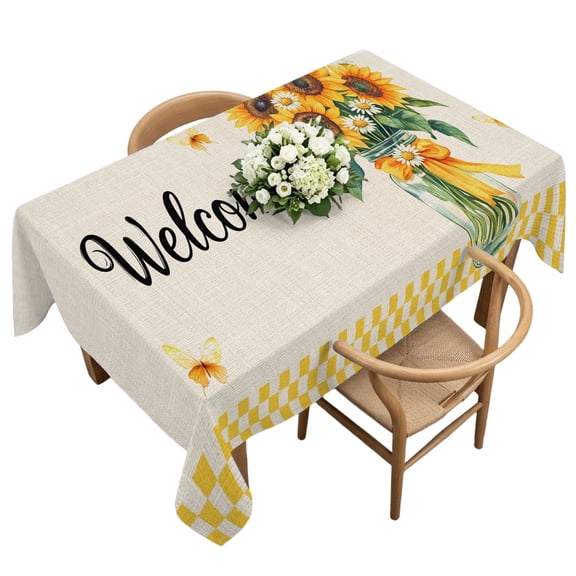 Rectangle Tablecloth, Watercolor Sunflower Daisy Butterfly 欧尼 Linen Waterproof Table Cloth 60x120 in Yellow Plaid Washable Spillproof Table Cover for Kitchen Dining Party Decor Outdoor Camping