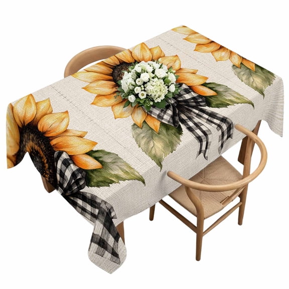 Rectangle Tablecloth, Watercolor Sunflower Leaves on Retro Linen Waterproof Table Cloth 60x120 in Black White Bow Washable Spillproof Table Cover for Kitchen Dining Party Decor Outdoor Camping