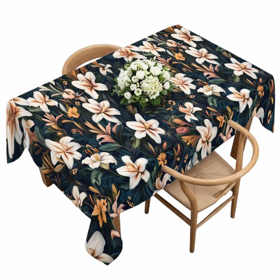 Rectangle Tablecloth, Watercolor White Lily Flower Waterproof Table Cloth 60x120 in Retro Country Plant Washable Spillproof Table Cover for Kitchen Dining Party Decor Outdoor Camping