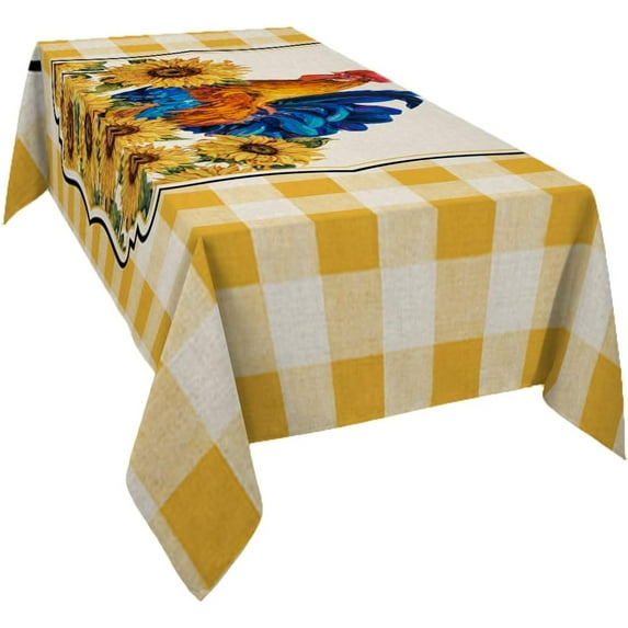 Rectangle Tablecloth Waterproof for Kitchen, Rural Farm Rooster Sunflowers Yellow Buffalo Plaid Polyester Wrinkle Textured Tablecloths, Indoor/Outdoor Decor Desktop Protectors Tablecloths, 60"x120"