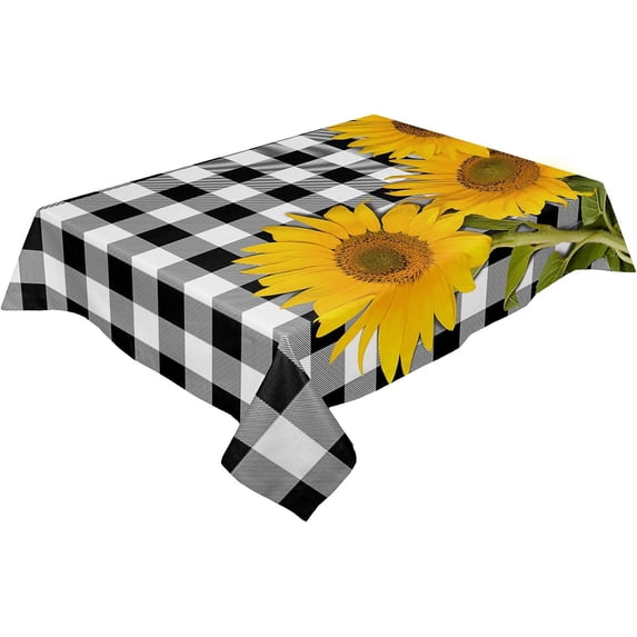 Rectangle Tablecloth Waterproof for Kitchen, Rustic Farm Sunflower Black and White Buffalo Plaid Polyester Wrinkle Textured Tablecloths, Indoor/Outdoor Decor Desktop Protectors Tablecloths, 60"x102"