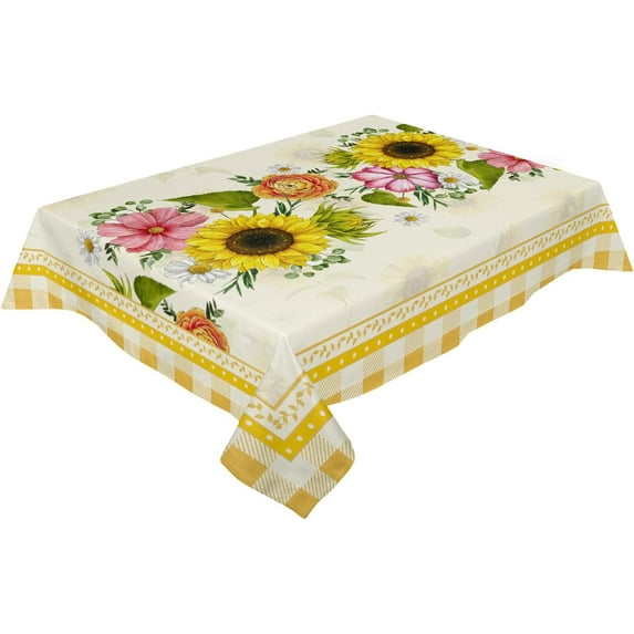 Rectangle Tablecloth Waterproof for Kitchen, Summer Rustic Sunflowers Floral Yellow Plaid Polyester Wrinkle Textured Tablecloths, Indoor/Outdoor Decor Desktop Protectors Tablecloths, 60"x84"