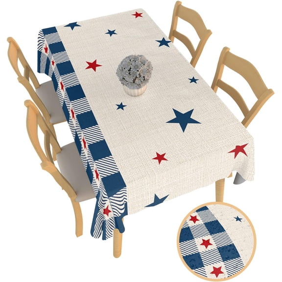 Rectangle Tablecloth Waterproof Spillproof Table Cloths,Independence Day Star Liberty Wipeable Table Cover for Kitchen Dining Camping Indoor Outdoor Tables 52" x 70",Patriotic Blue Checker on Burlap