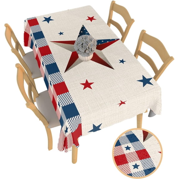 Rectangle Tablecloth Waterproof Table Cloths,Independence Day American Flag Star Wipeable Table Cover for Kitchen Dining Camping Indoor Outdoor Tables 52" x 70",Red and Blue Checker on Linen