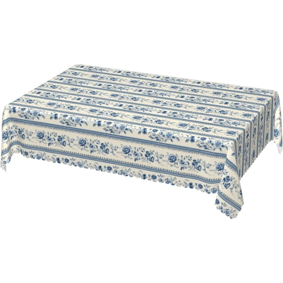 Rectangle Tablecloth with Wave Lace 60x84 Inch, French Blue Floral Rectangle Table Cloth Waterproof Stain Resistant Table Covers Polyester Table Cloth for Kitchen Dinning Tabletop Outdoor