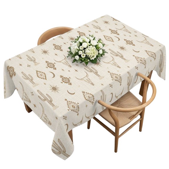 Rectangle Tablecloth, Western Aztec Longhorn Skull Waterproof Table Cloth 60x120 in Boho Tribal Cactus Sun Linen Washable Spillproof Table Cover for Kitchen Dining Party Decor Outdoor Camping