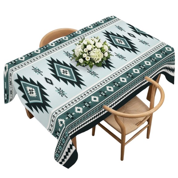 Rectangle Tablecloth, Western Aztec Retro Geometric Art Waterproof Table Cloth 60x120 in Green Ethnic Tribal Texture Washable Spillproof Table Cover for Kitchen Dining Party Decor Outdoor Camping