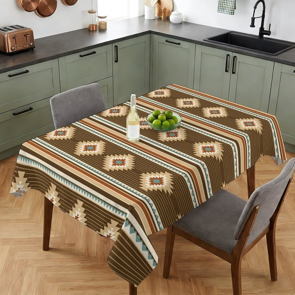 Rectangle Tablecloth,Western Ethnic Brown Geometric Waterproof Oil-Proof Table Cloth Kitchen Dining Tables Cover for Indoor Outdoor Wedding Holiday Party Decor,Rustic Tribal Diamond Stripes