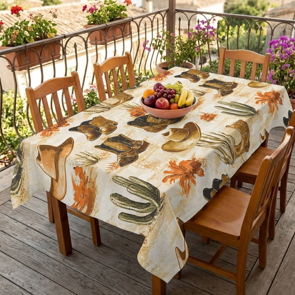 Rectangle Tablecloth,Western Retro Cowboy Boot Hat Waterproof Oil-Proof Table Cloth Kitchen Dining Tables Cover for Indoor Outdoor Wedding Holiday Party Decor,Summer Desert Cactus