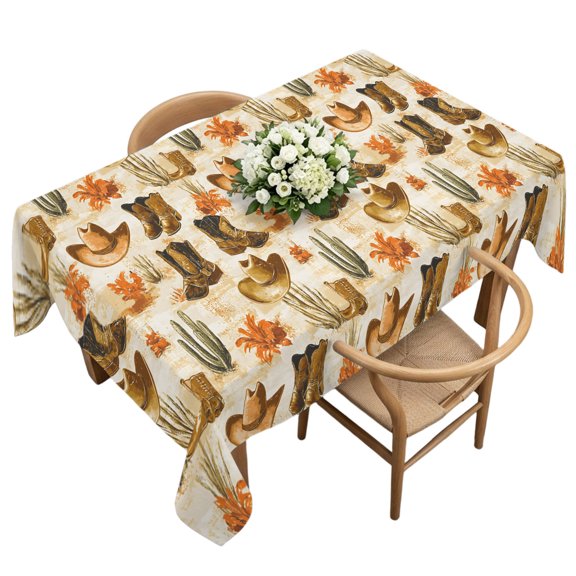Rectangle Tablecloth, Western Retro Cowboy Boot Hat Waterproof Table Cloth 60x120 in Summer Desert Cactus Washable Spillproof Table Cover for Kitchen Dining Party Decor Outdoor Camping