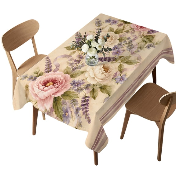 Rectangle Tablecloth, White Pink Rose Flowers Waterproof Table Cloth 52x70 in Retro Country Floral Lavender Washable Spillproof Table Cover for Kitchen Dining Party Decor Outdoor Camping