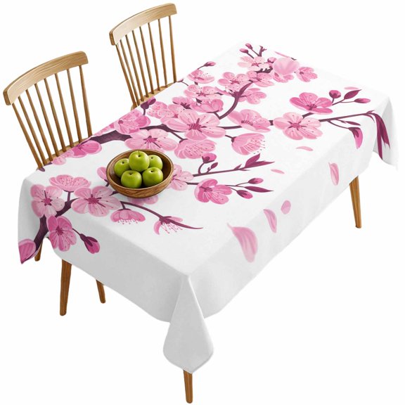 Rectangle Tablecloths, Abstract Pink Cherry Blossom Flower on White Waterproof Table Cloths, Floral Spillproof Decorative Dining Table Covers for Kitchen,Indoor Outdoor Parties, Camping 60x120in